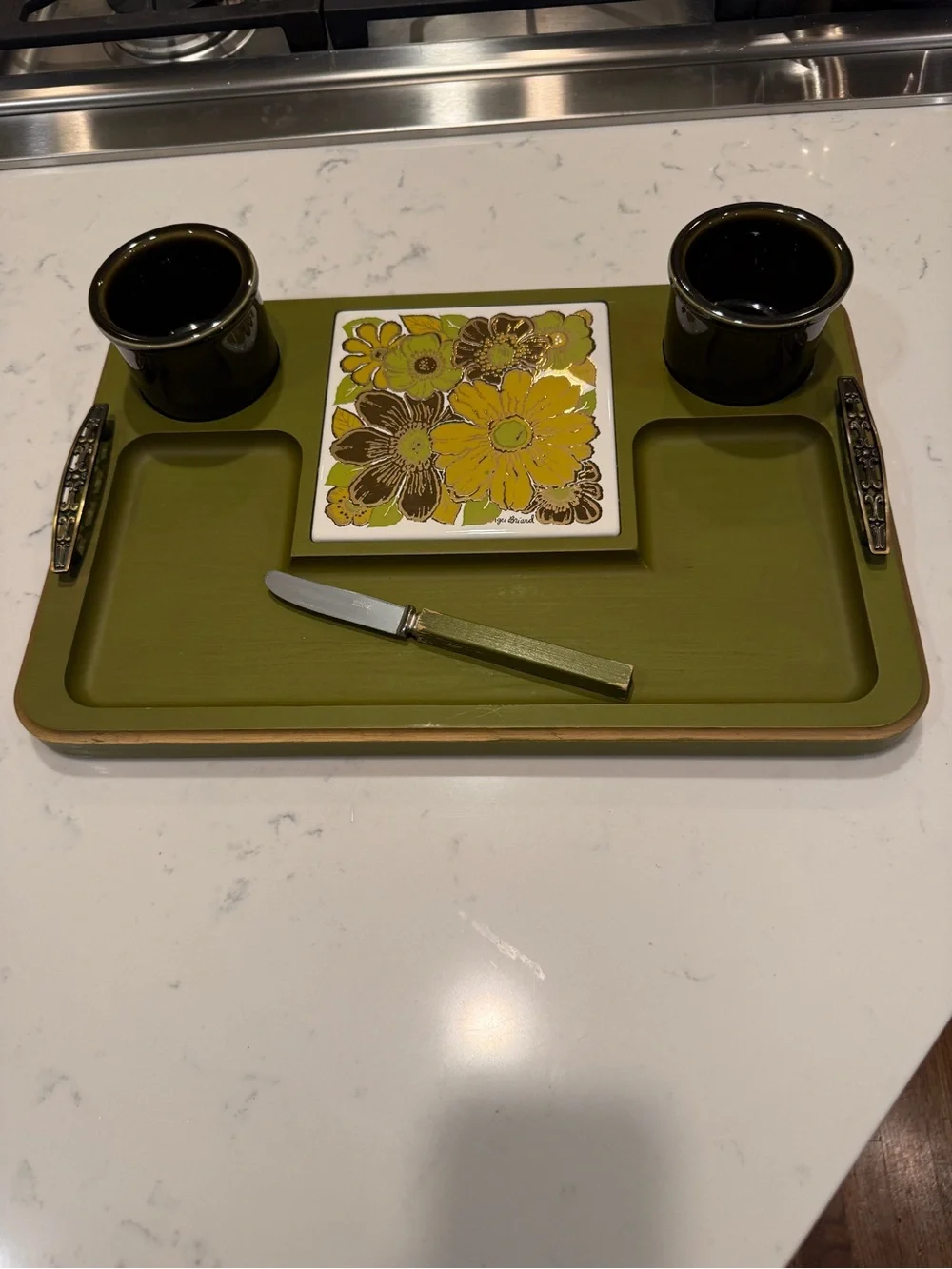 MCM Georges Briard Avocado Green Cocktail Serving Tray Set Tile Cheese Knife
